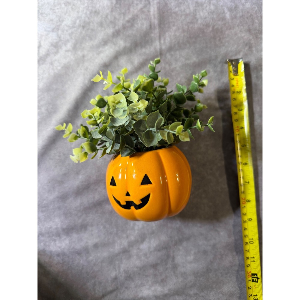 Halloween Jack O Lantern Pumpkin Planter Faux Eucalyptus Greenery Ceramic Orange